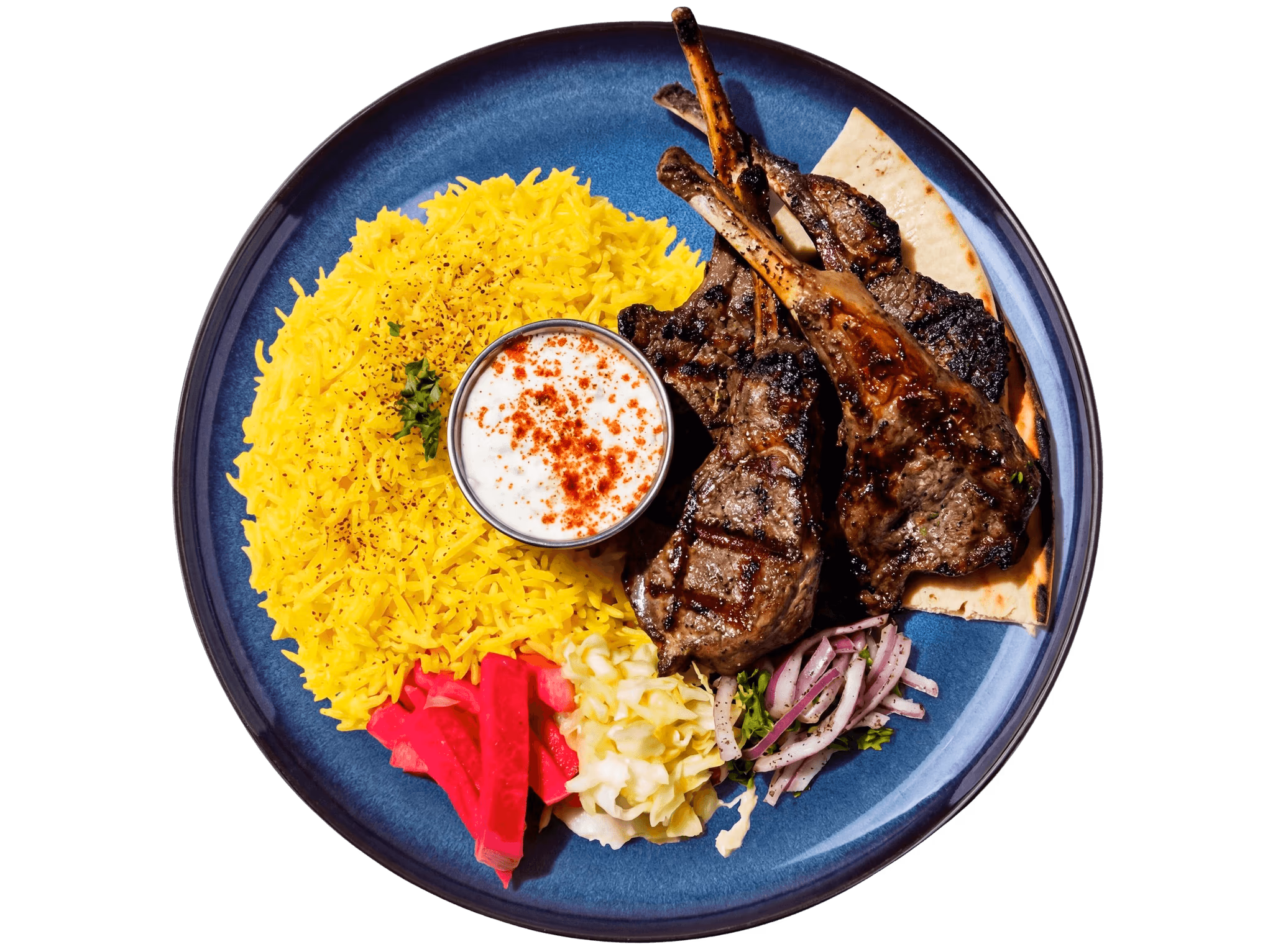 Grilled lamb chops with saffron rice and tzatziki